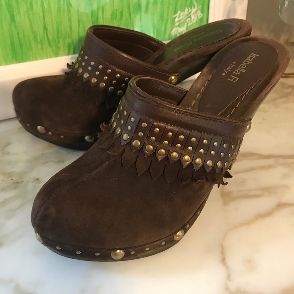Isabella Fiore Stud Fringe Brown Suede Clogs Mules 6